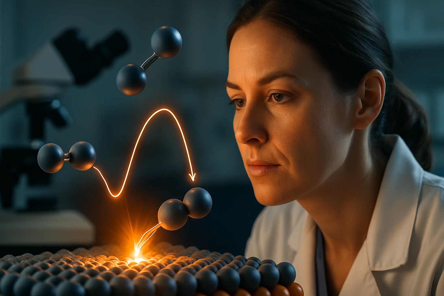 Egy női kutató figyeli a molekulák mozgását egy laboratóriumban.