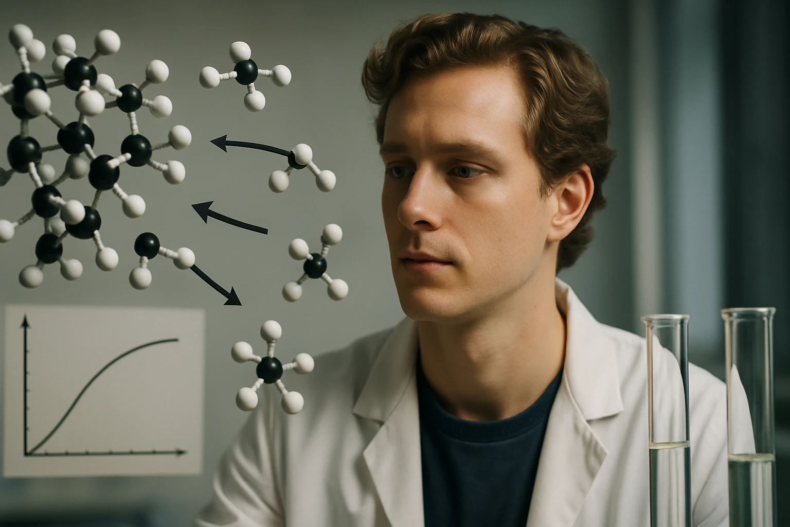 Egy fiatal kutató figyeli a molekulák interakcióját és diagramot a laborban.