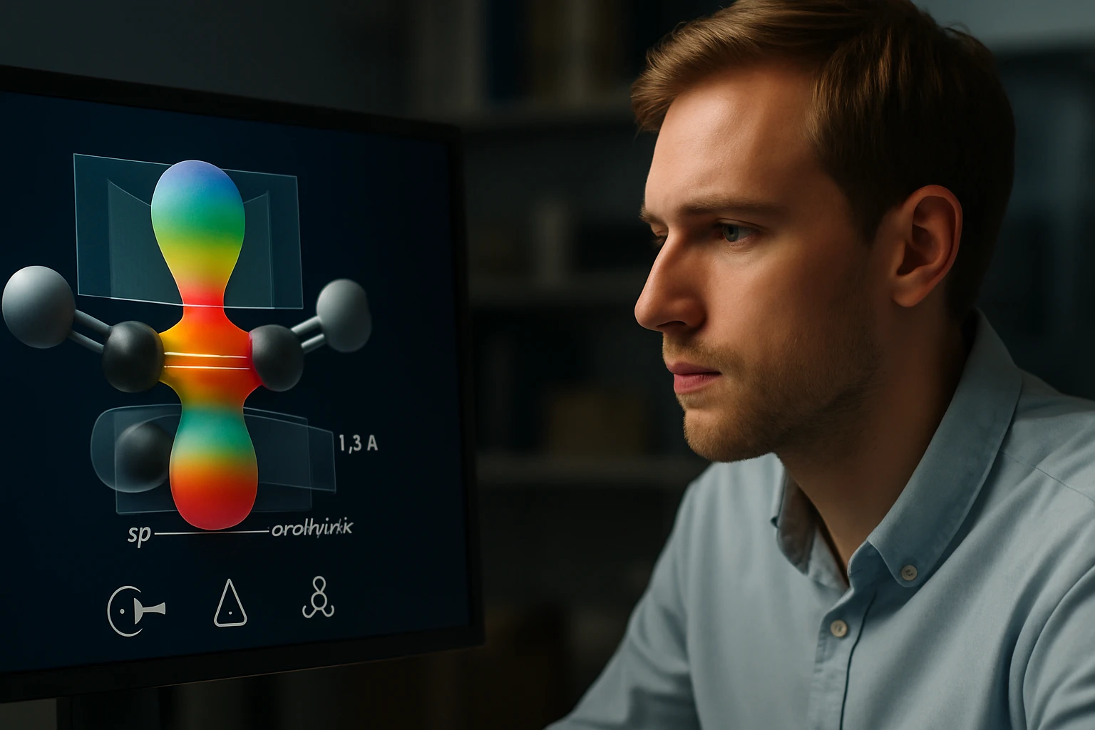 Egy fiatal férfi figyelmesen nézi a számítógép képernyőjén megjelenő molekulamodelleket.