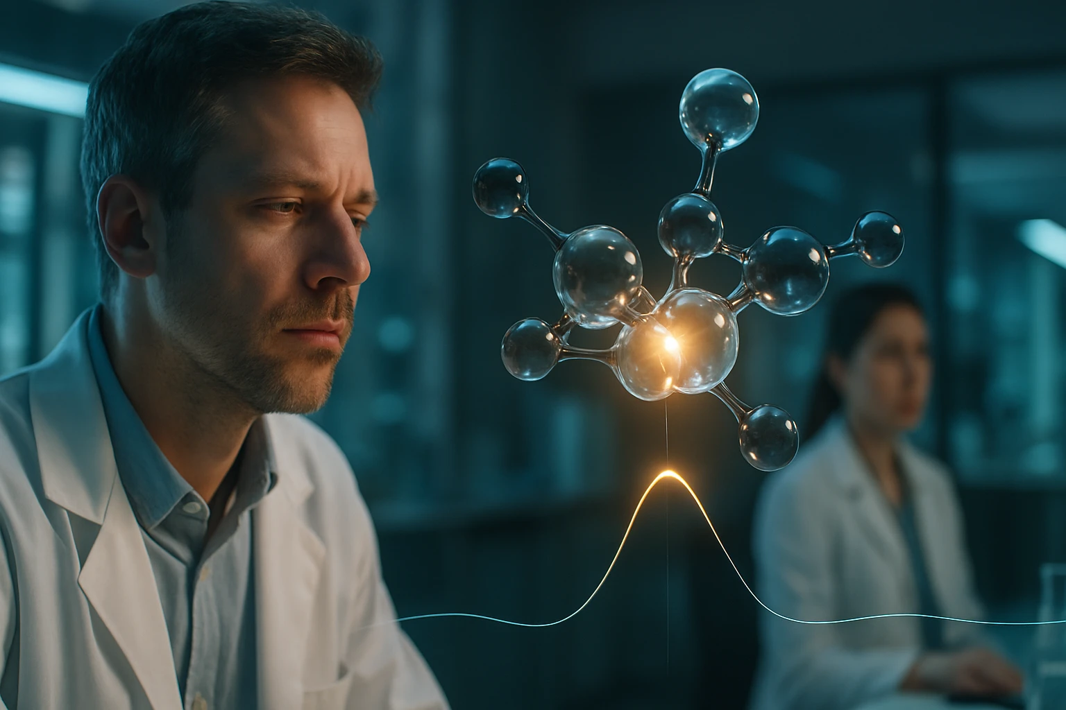 Egy laboratóriumban dolgozó tudós figyel egy molekuláris modellre.