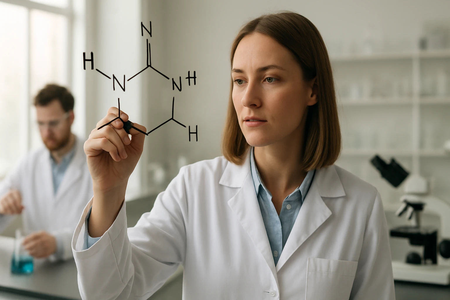 Egy női kutató a laborban molekuláris modellt rajzol, háttérben egy férfi kolléga.