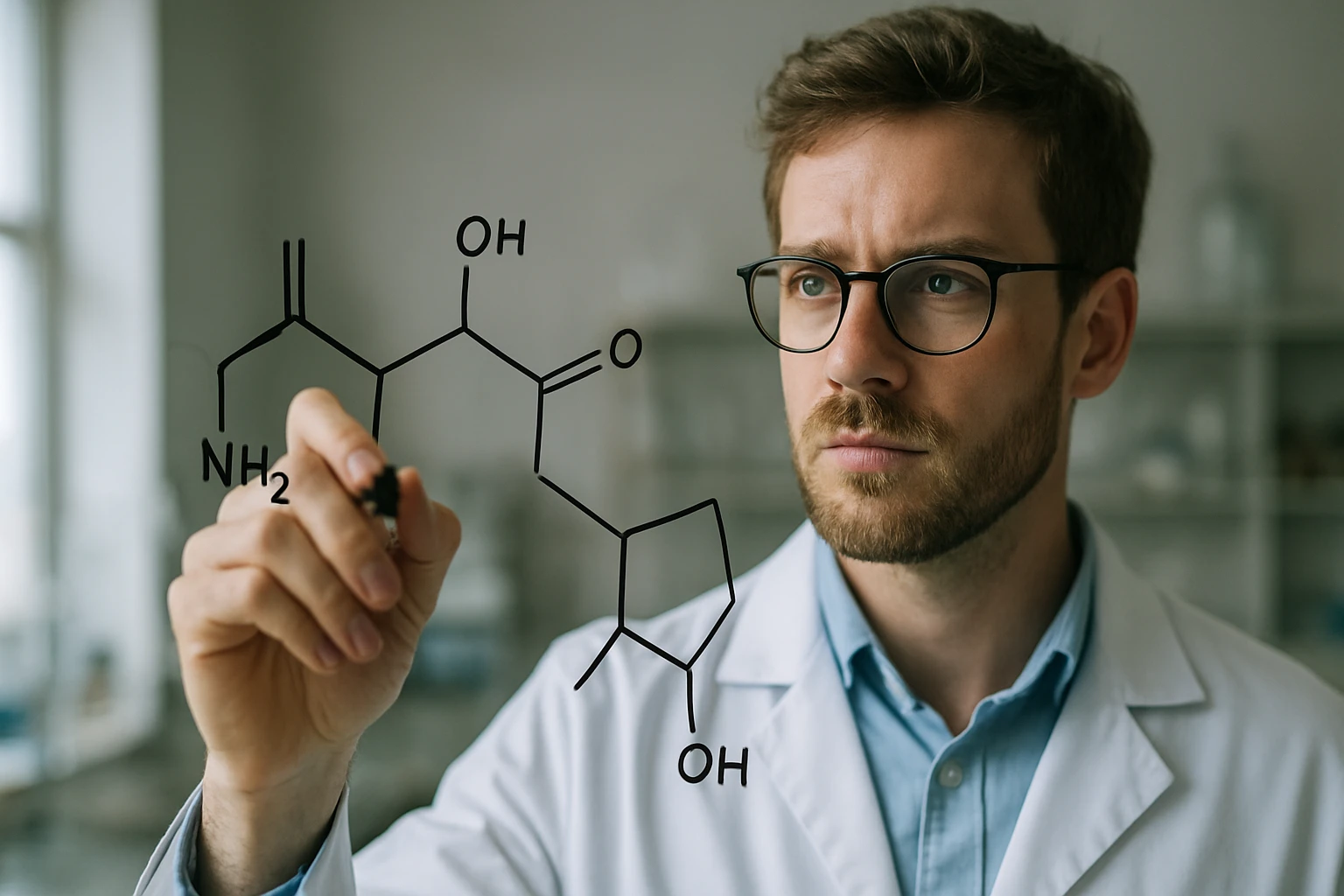 Egy tudós, aki molekuláris struktúrát rajzol a levegőbe, laboratóriumi környezetben.