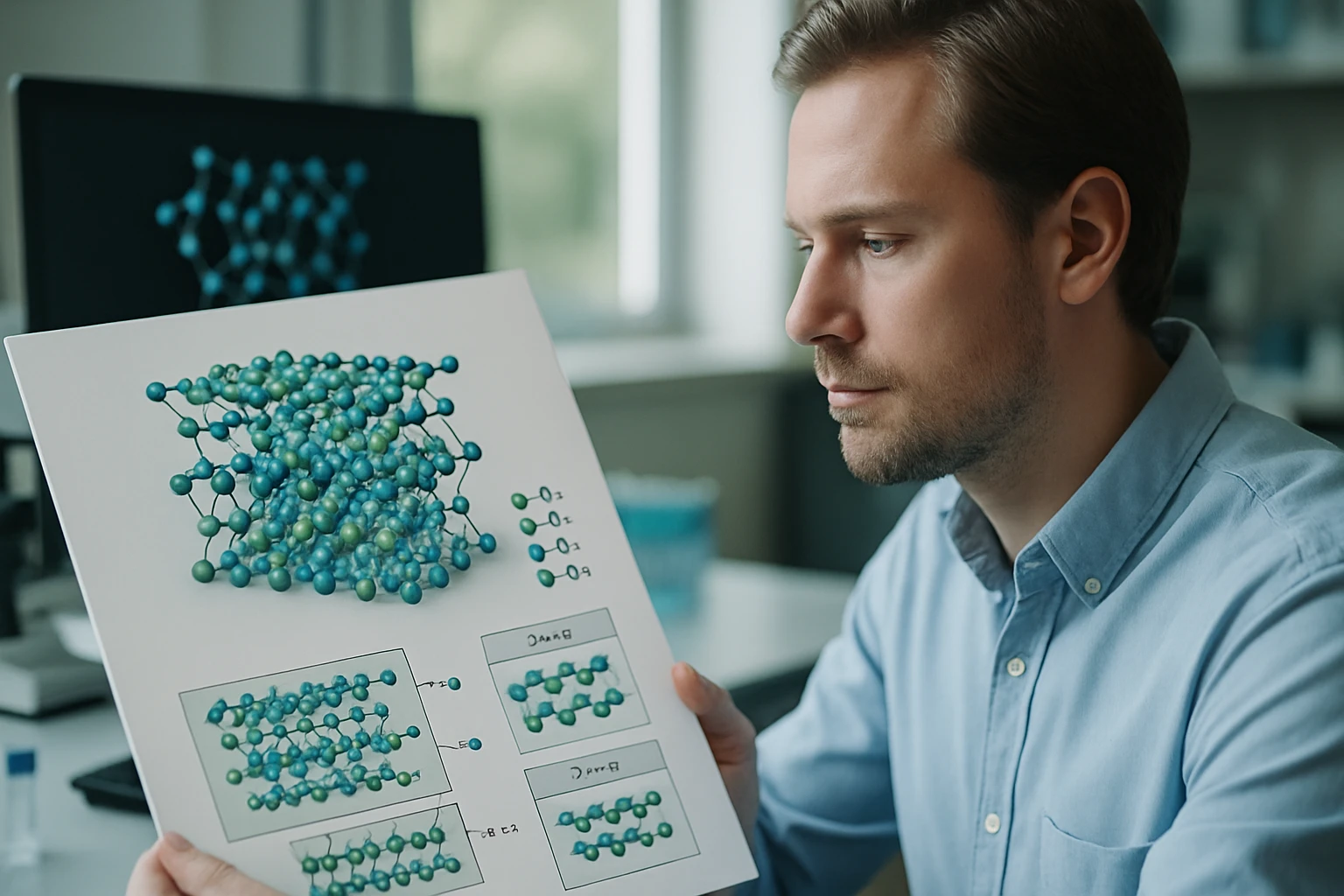 Egy férfi egy molekuláris struktúrát ábrázoló grafikont tanulmányoz.