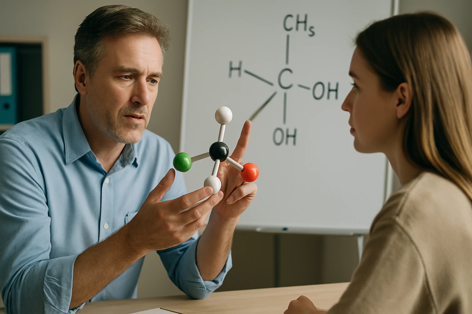 Egy férfi molekulamodellel magyaráz egy fiatal nőnek kémiai összefüggéseket.
