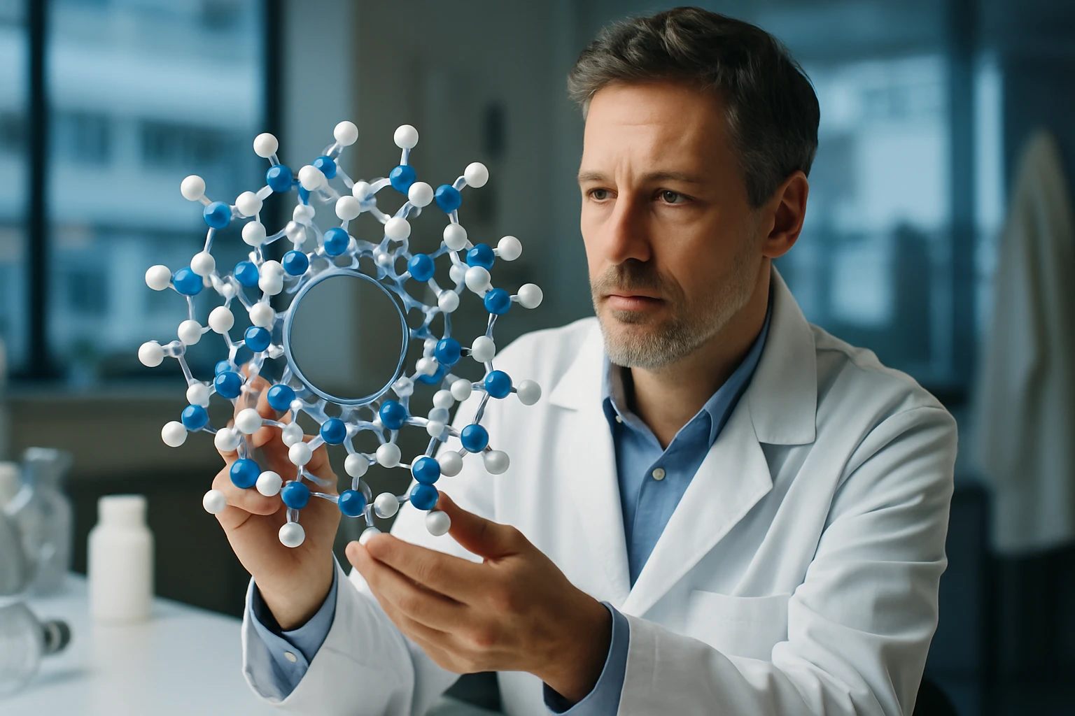 Egy kutató egy molekulamodelt vizsgál, amely kék és fehér atomokat tartalmaz.