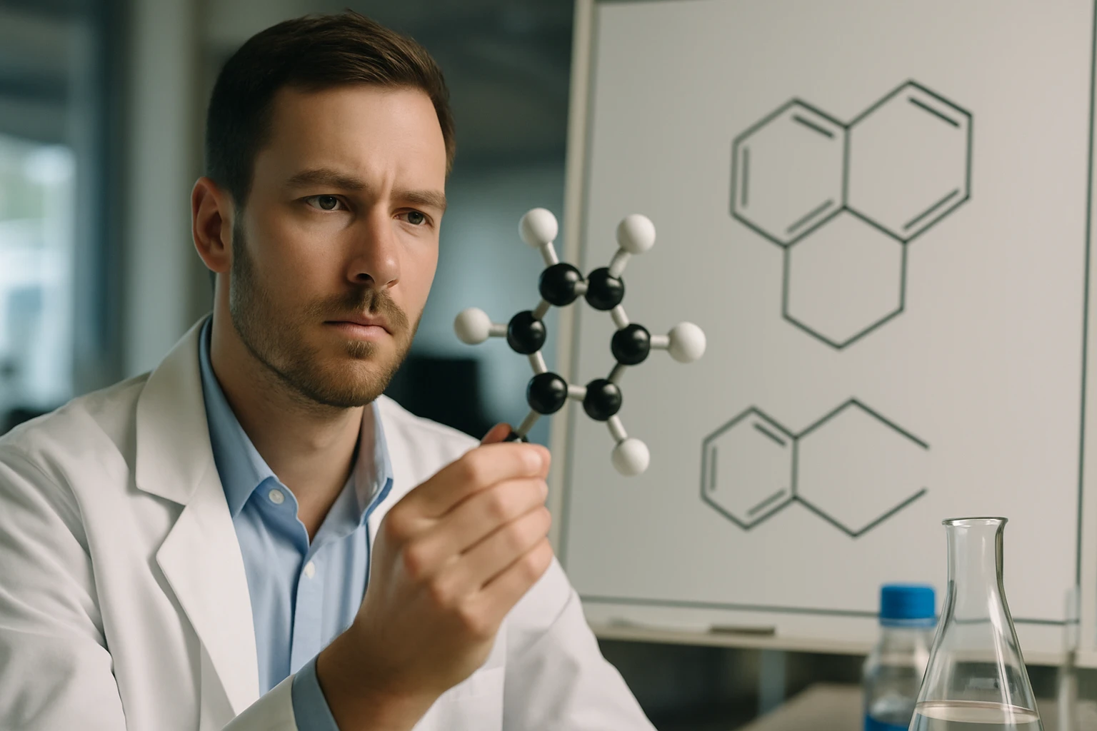 Egy fiatal kutató egy molekulamodellel dolgozik laboratóriumban.