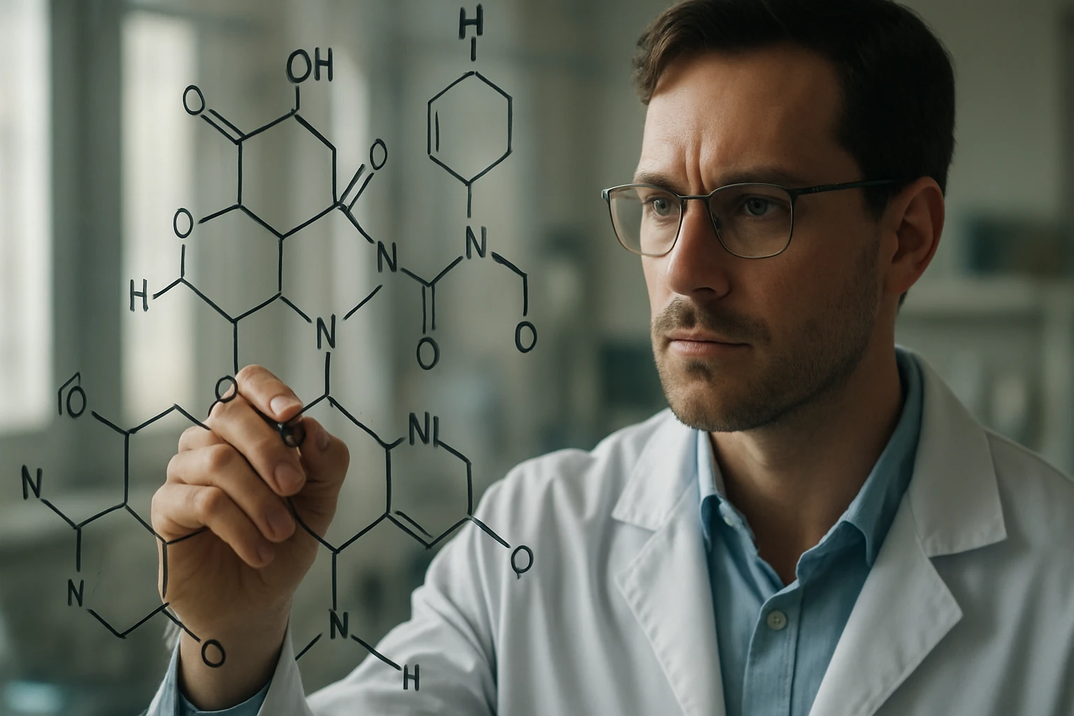 Egy tudós, aki molekuláris struktúrákat rajzol egy üvegfelületre.