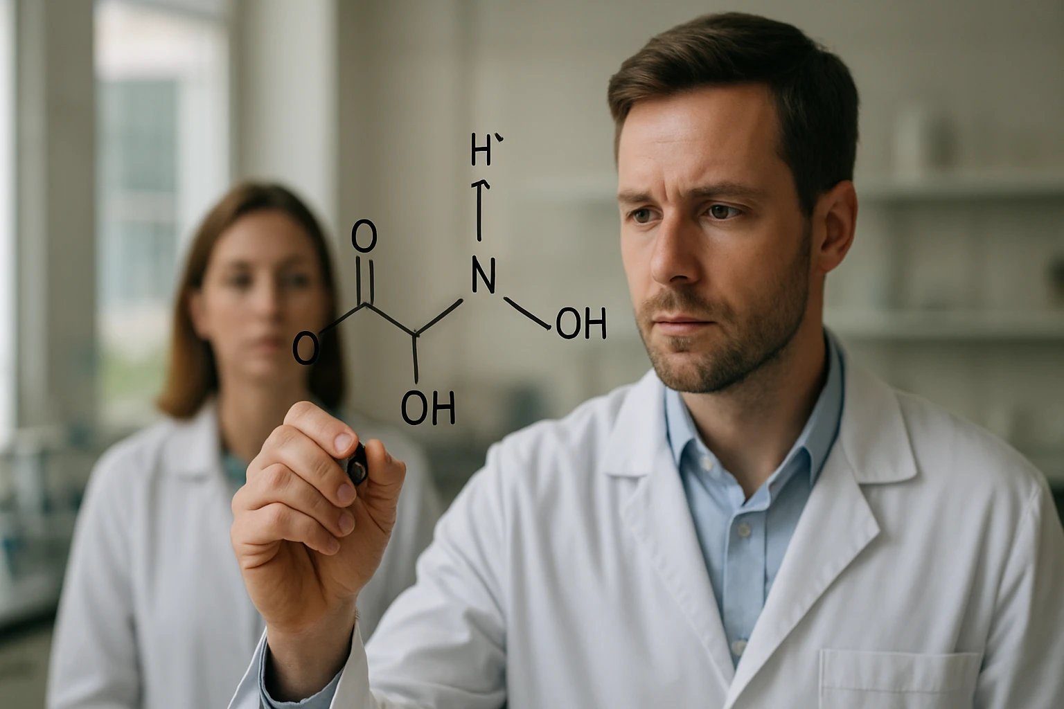 Egy férfi laboratóriumban molekuláris szerkezetet rajzol, háttérben egy nő.