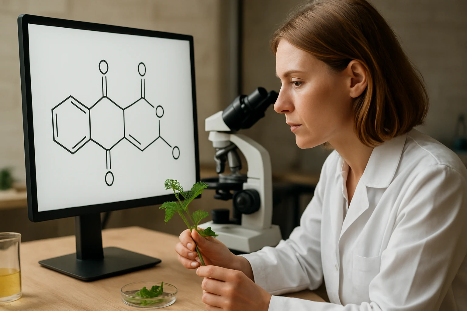 Egy nő laboratóriumban növényi mintát vizsgál, miközben egy képernyőn molekuláris struktúra látható.