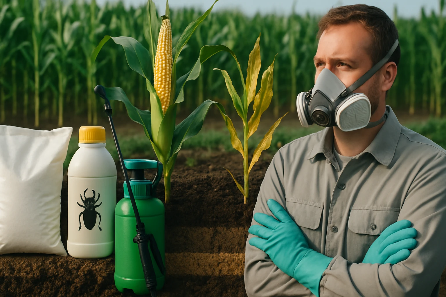 Egy férfi védőmaszkban és kesztyűben áll, körülötte növényvédő szerek és kukoricaföld.