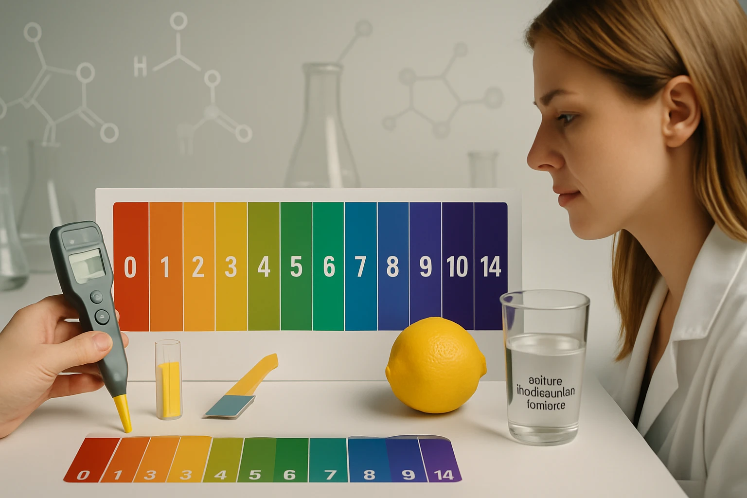 Kémiai pH-mérő eszköz és színskála citrommal és vízzel.