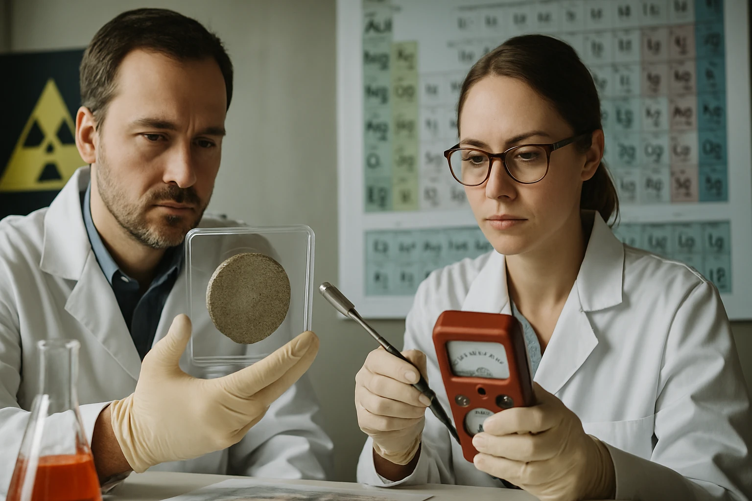 Két tudós laboratóriumban, radioaktív anyagot vizsgálnak.