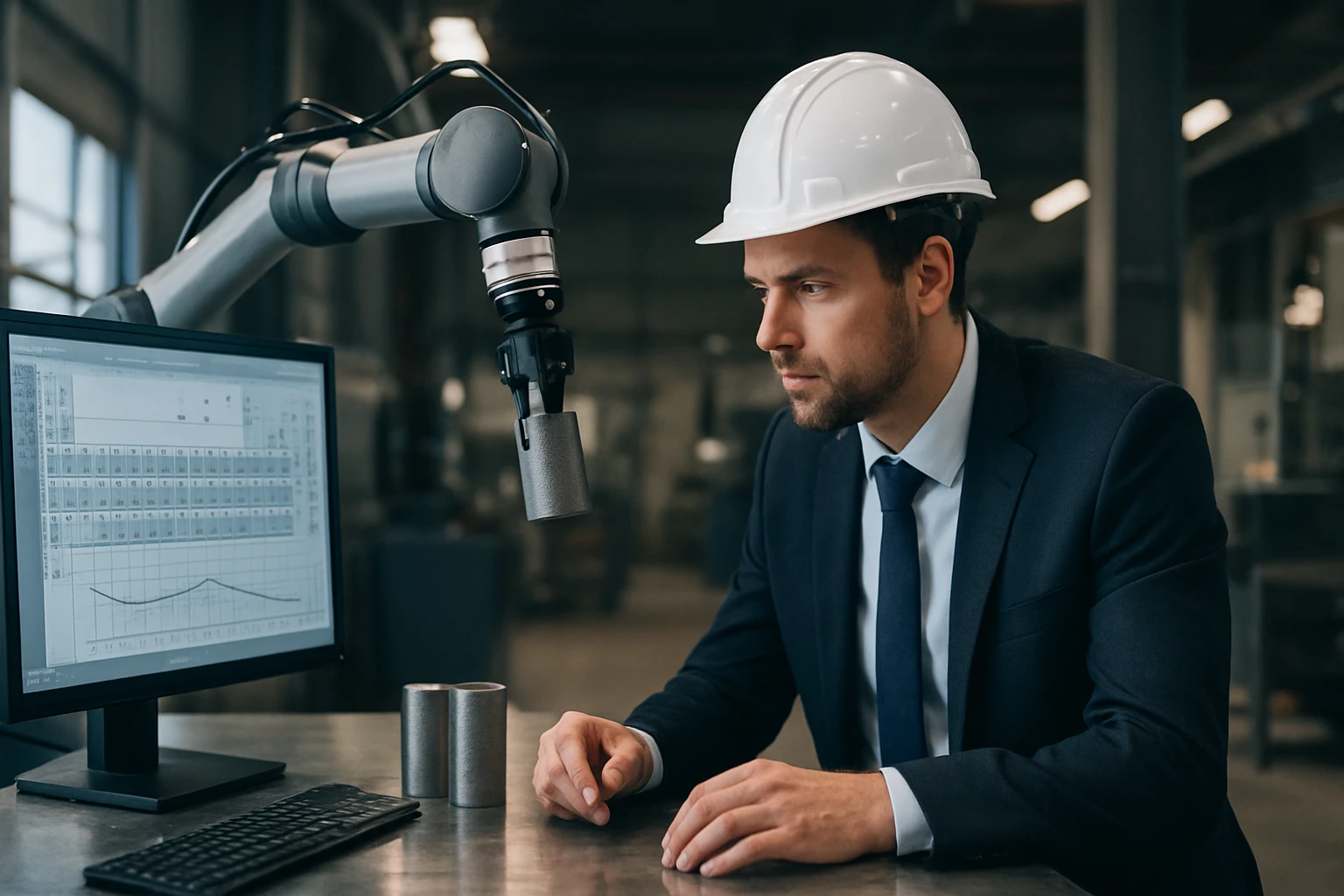 Egy férfi, védősisakban, egy robotkar előtt ül, számítógépen dolgozik.