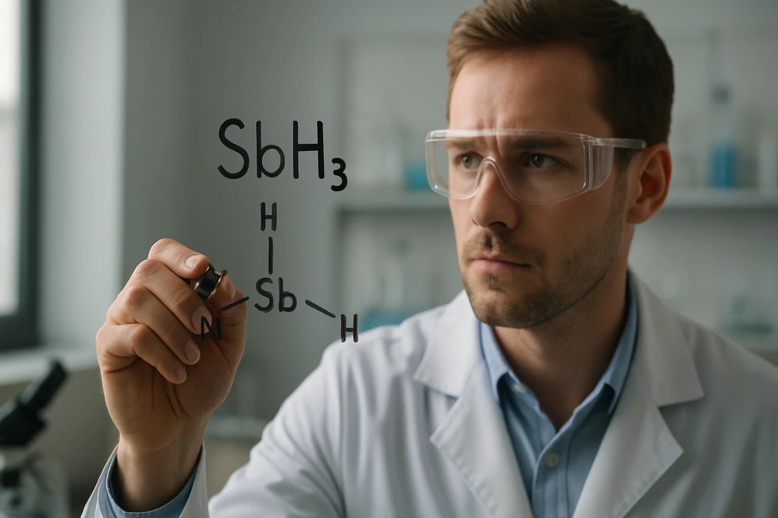 Egy tudós SbH3 molekulát rajzol a táblára laboratóriumban.