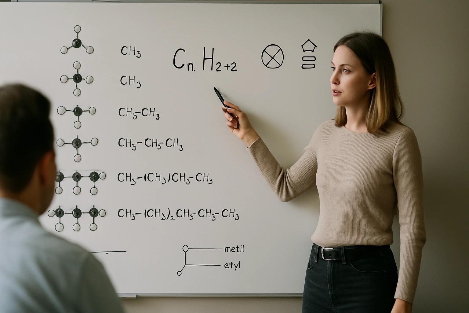 Egy nő kémiai képletet magyaráz egy táblán, különböző szerves molekulákkal.