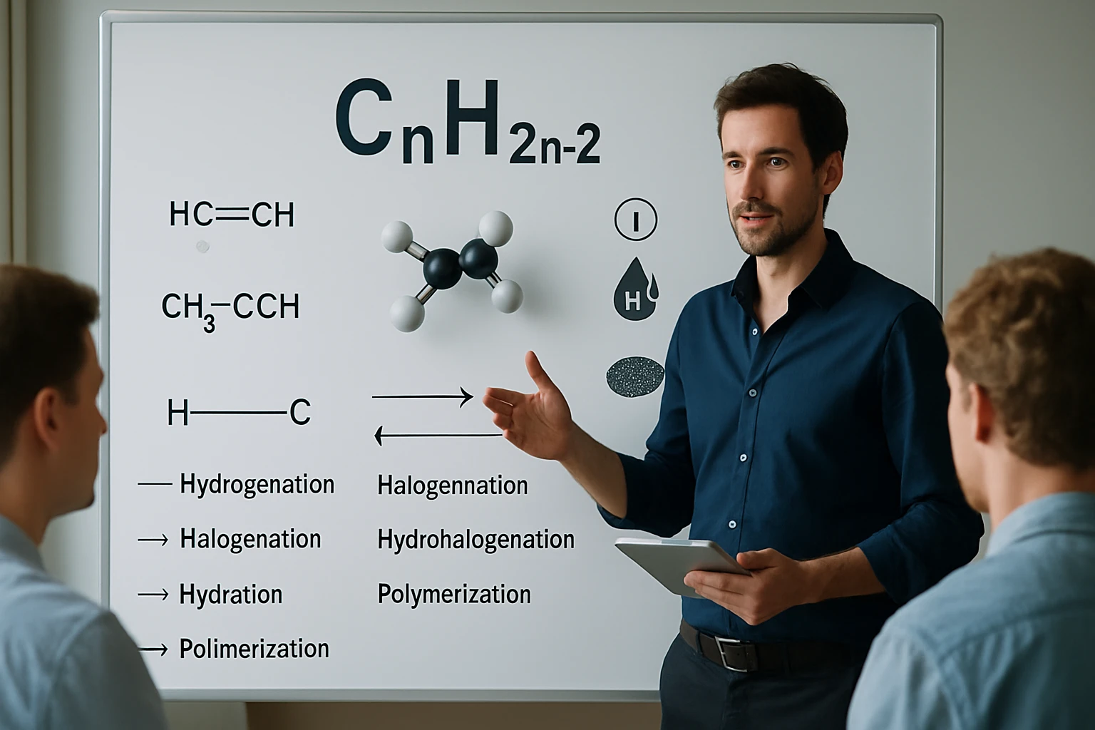 Egy oktató bemutatja a szerves kémiai reakciókat a táblán, diagramban.