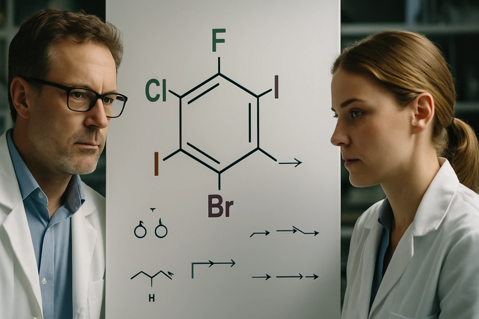 Két tudós, fehér köpenyben, egy szerves kémiai struktúra előtt áll.