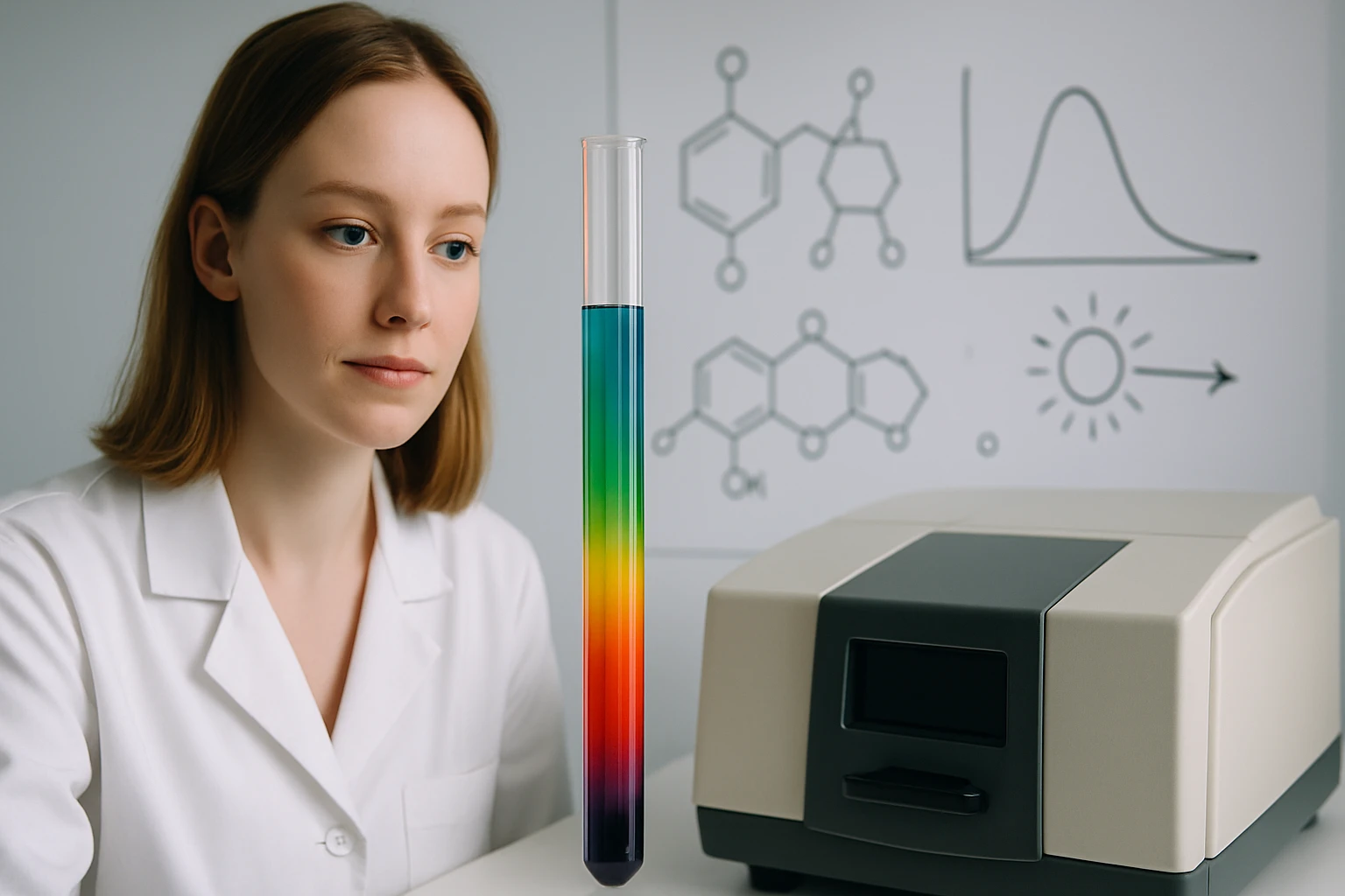 Egy fiatal nő laboratóriumban, színes kémcsővel és műszerrel.
