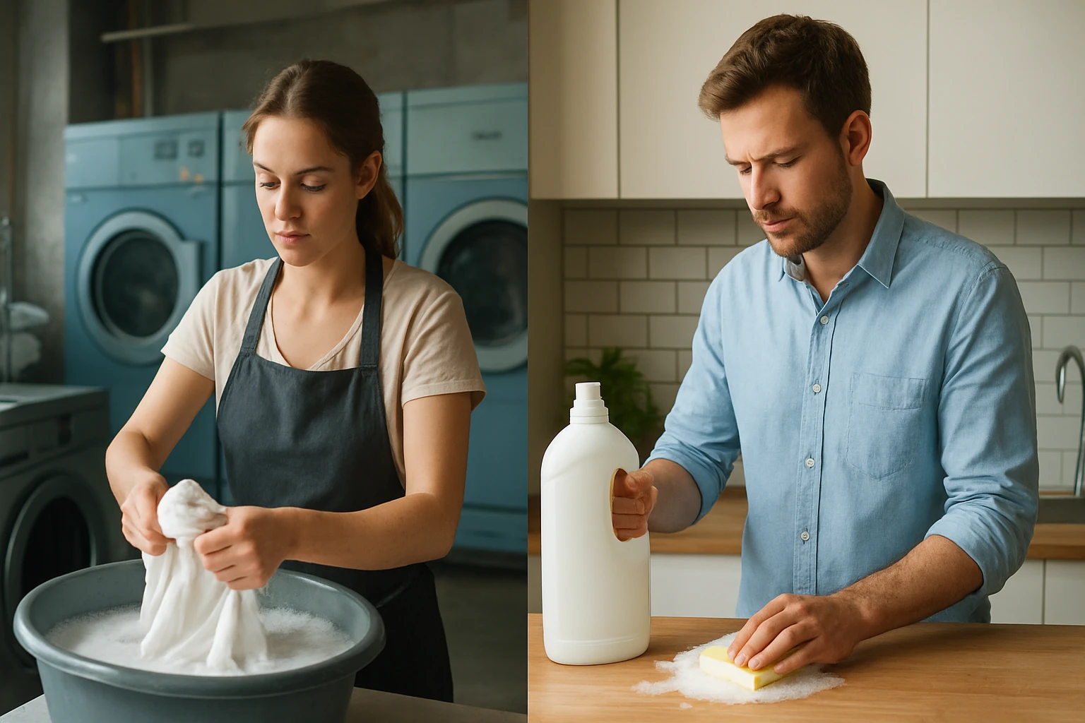Egy nő fehér ruhát mos, míg egy férfi tisztítószerrel takarít.