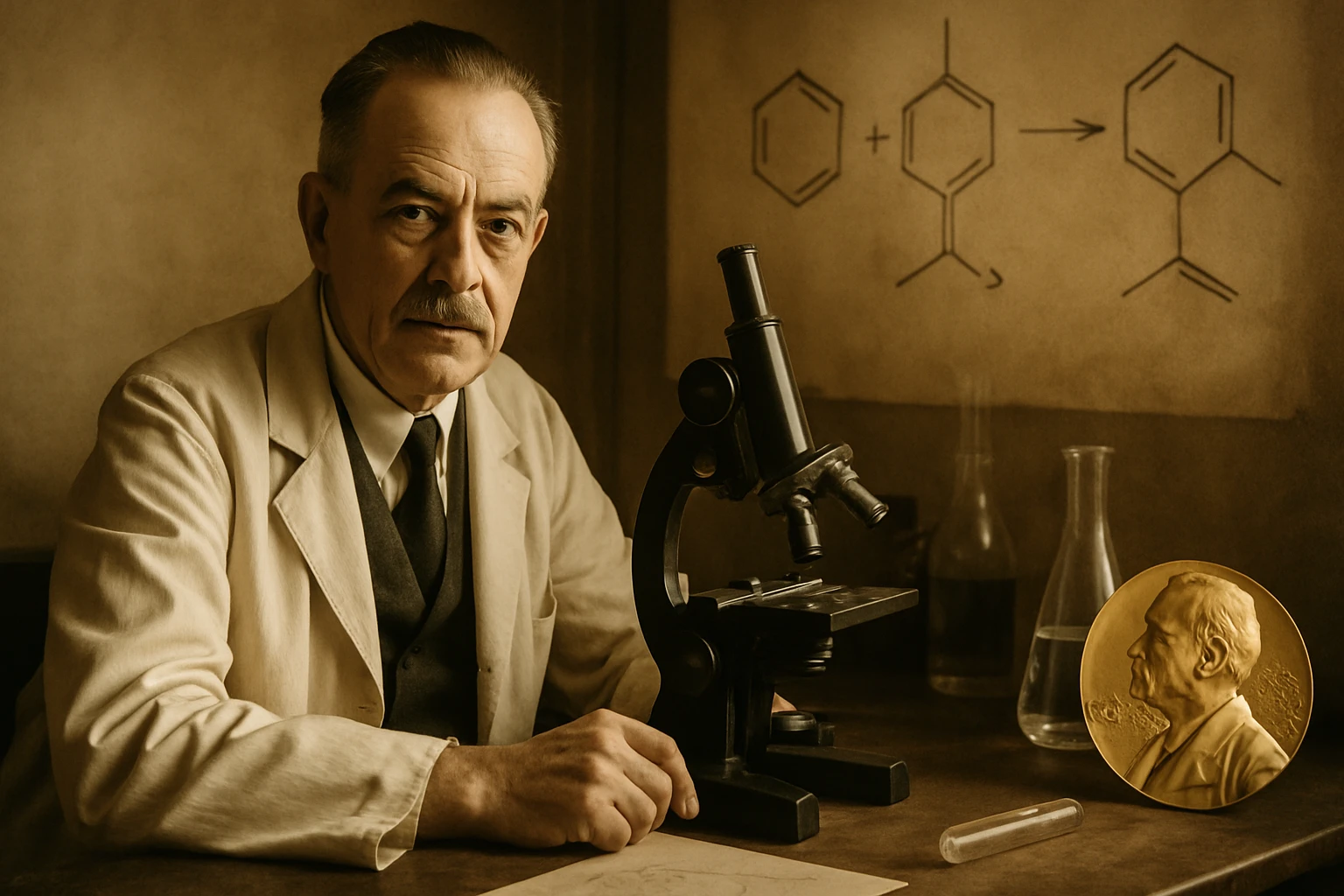 Egy tudós ül egy asztalnál, mikroszkóppal és kémcsővel, háttérben kémiai reakciós rajz.