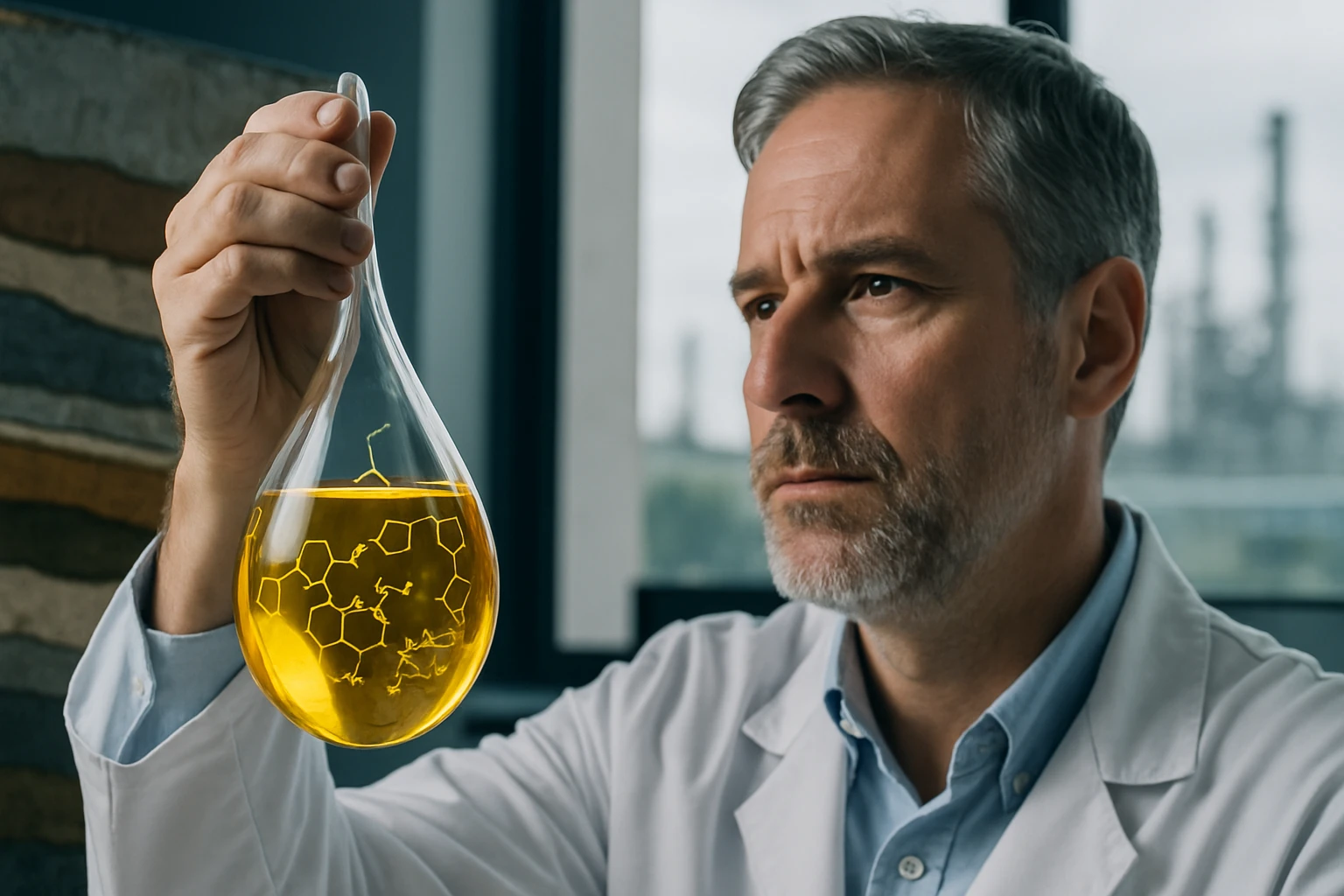 Egy tudós arca, aki egy kémcsövet tart, benne sárga folyadékkal és molekulák rajzával.
