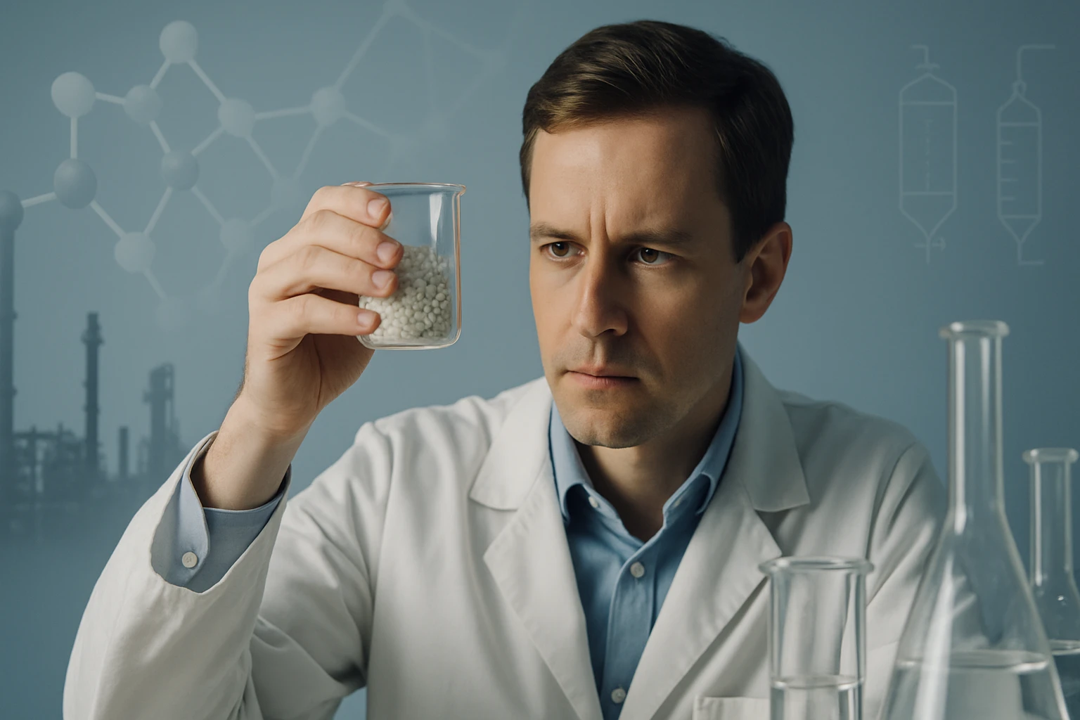 Egy laboratóriumban dolgozó tudós, aki egy kémcsőben fehér golyókat vizsgál.