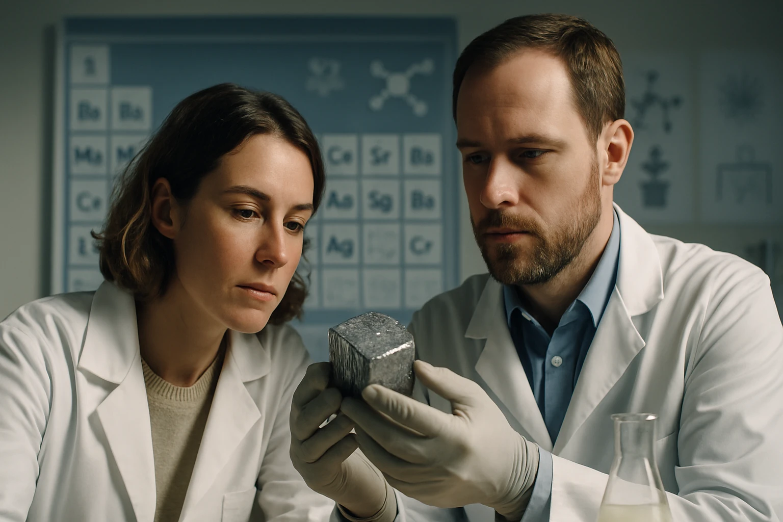 Két tudós egy fémes anyagot vizsgál, miközben laboratóriumi környezetben dolgoznak.