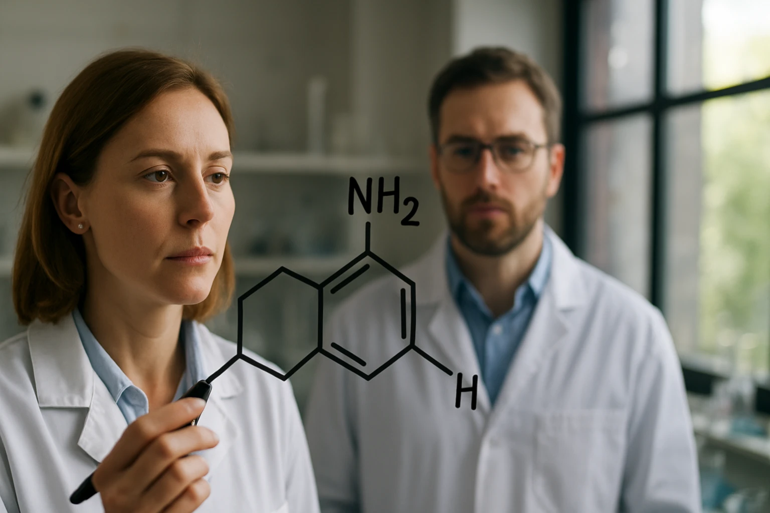 Két tudós laboratóriumban, az egyik kézben molekuláris szerkezetet rajzol.