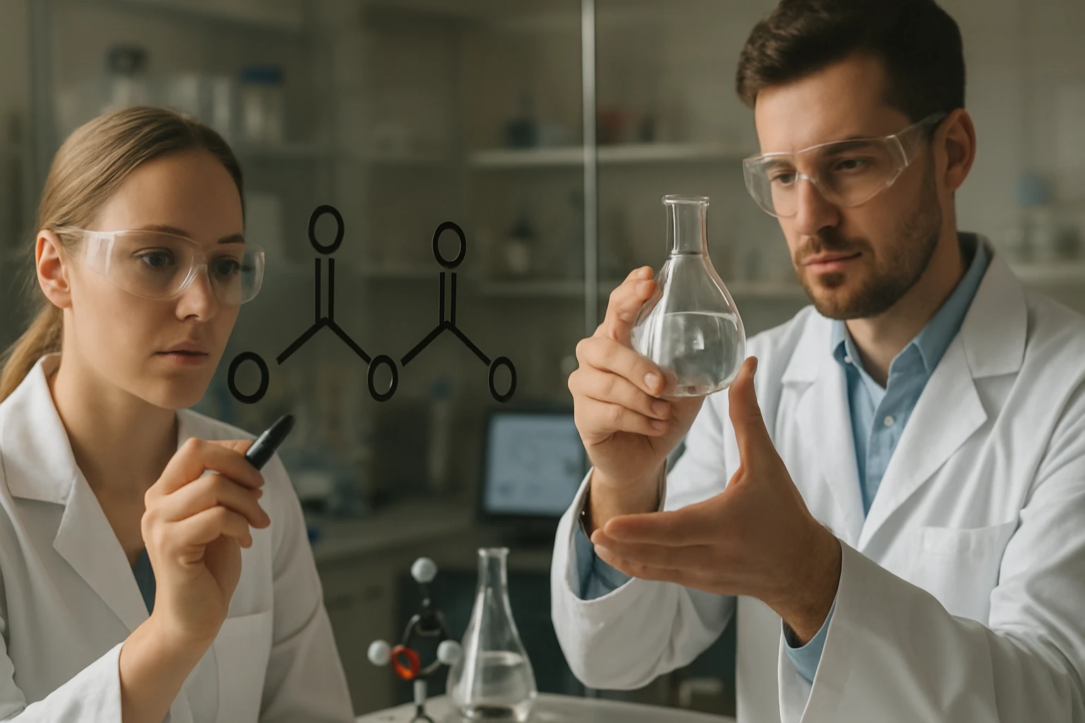 Két tudós laboratóriumban, az egyik kémcsövet tart, a másik rajzol.