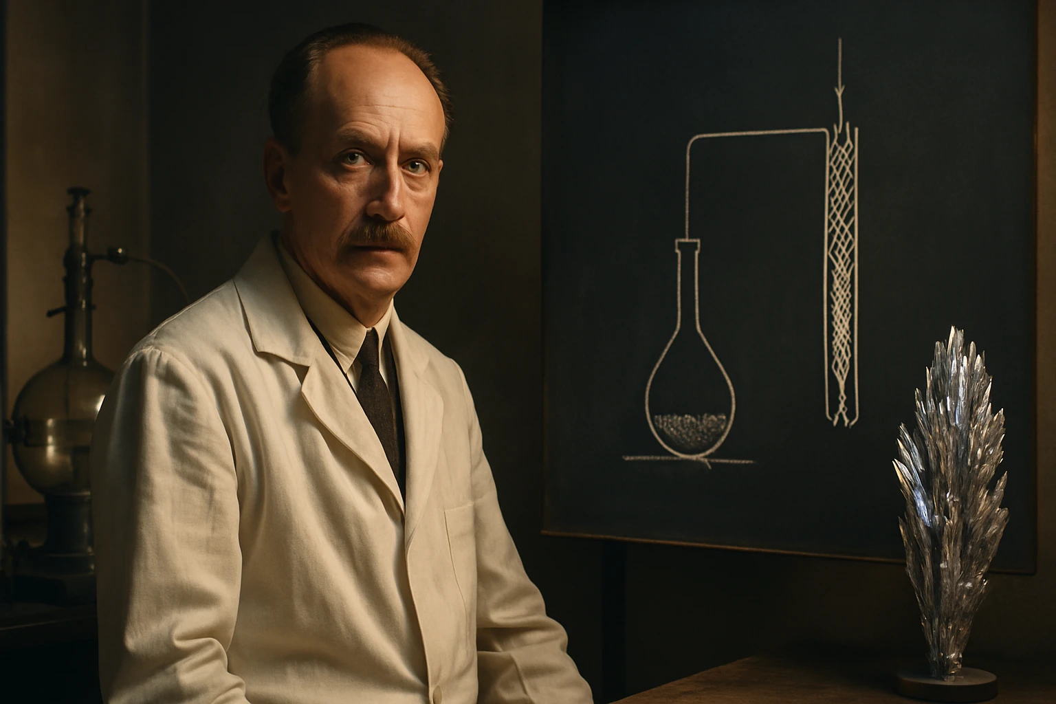 Egy tudós fehér köpenyben, laboratóriumi eszközök mellett ülve, háttérben kémiai ábrával.