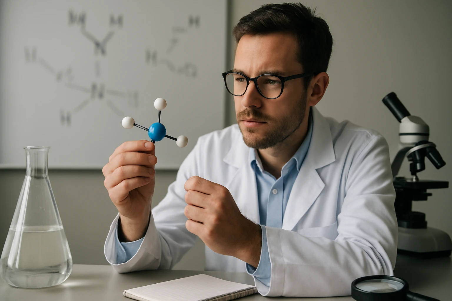 Egy tudós egy molekulamodellel dolgozik, miközben laboratóriumi környezetben ül.