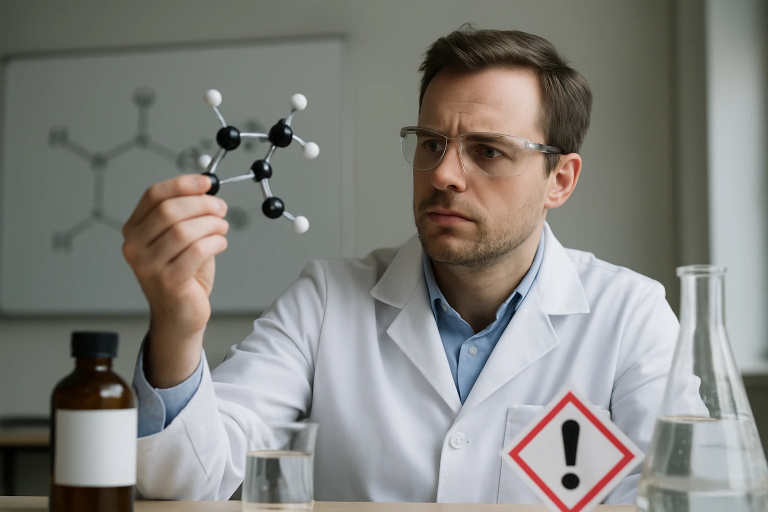 Egy laboratóriumban dolgozó tudós, aki egy molekulamodelt vizsgál.