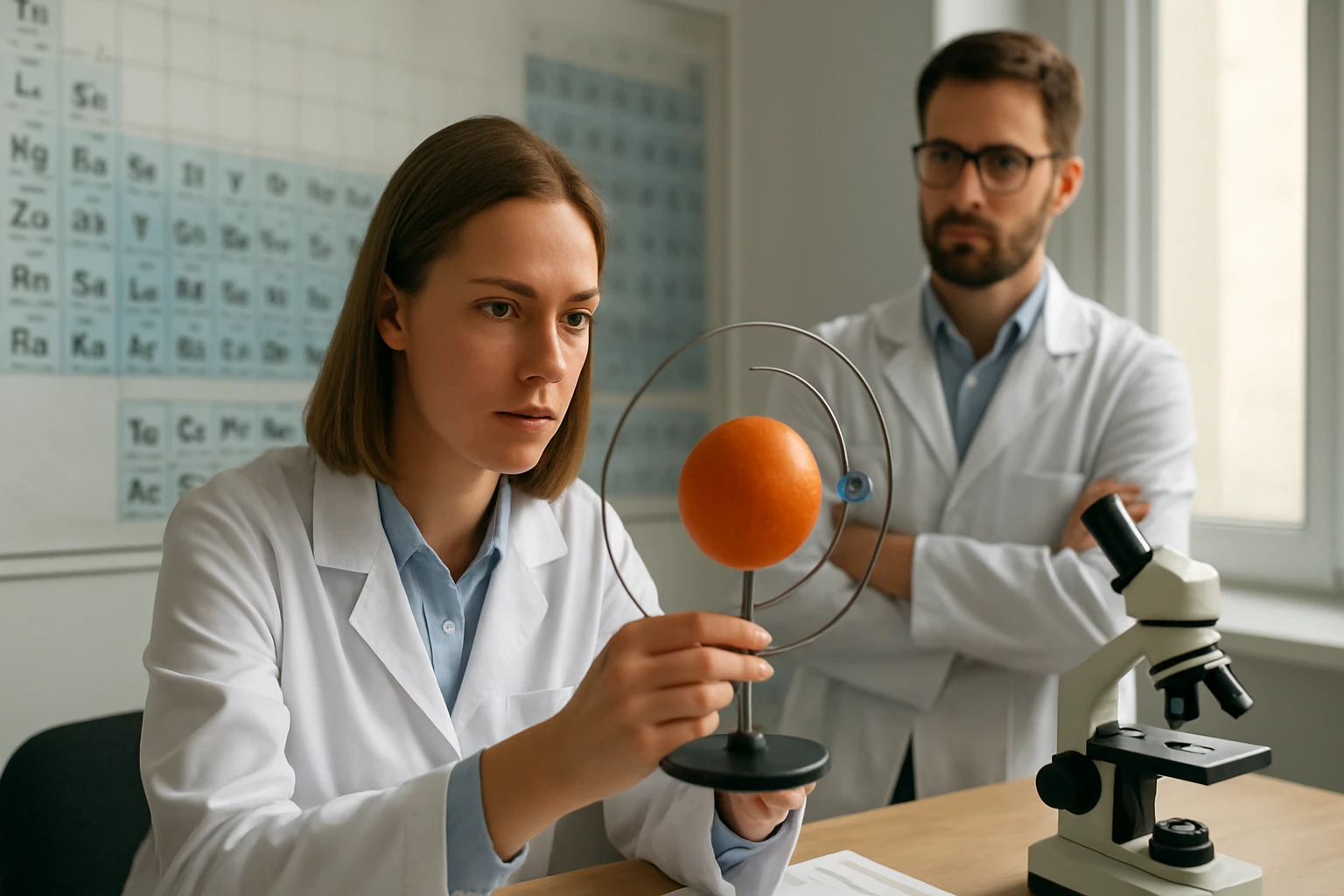 Két tudós laboratóriumban, az egyik egy bolygómodellt tart a kezében.