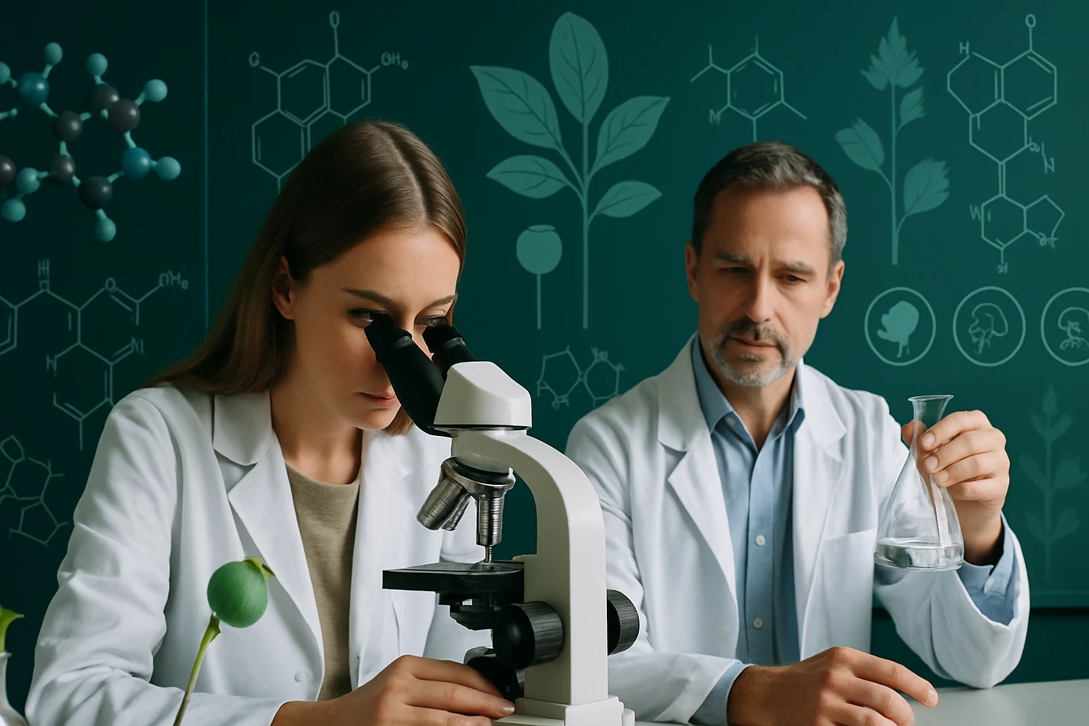 Két tudós laboratóriumban, az egyik mikroszkóppal, a másik kémcsővel dolgozik.