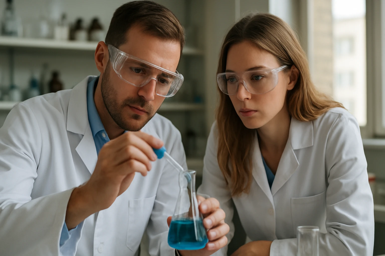 Két fiatal tudós laboratóriumban kék folyadékot vizsgál, pipettával dolgoznak.