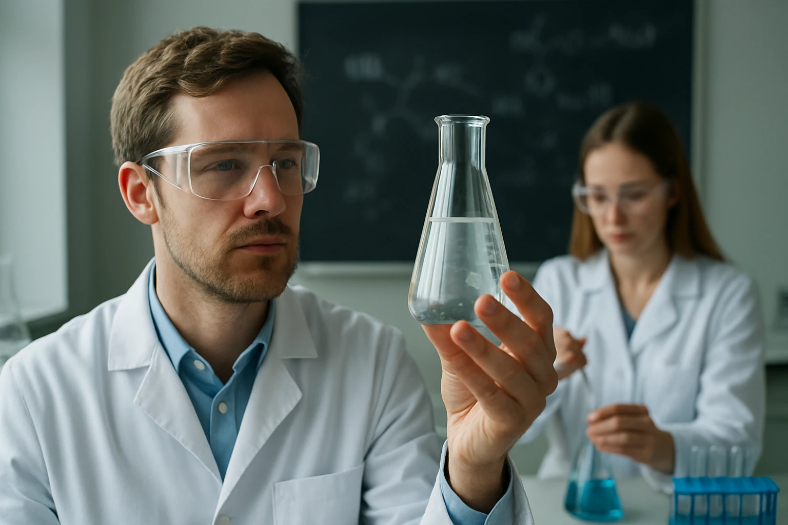 Két tudós laboratóriumban dolgozik, az egyik kémcsövet vizsgál.