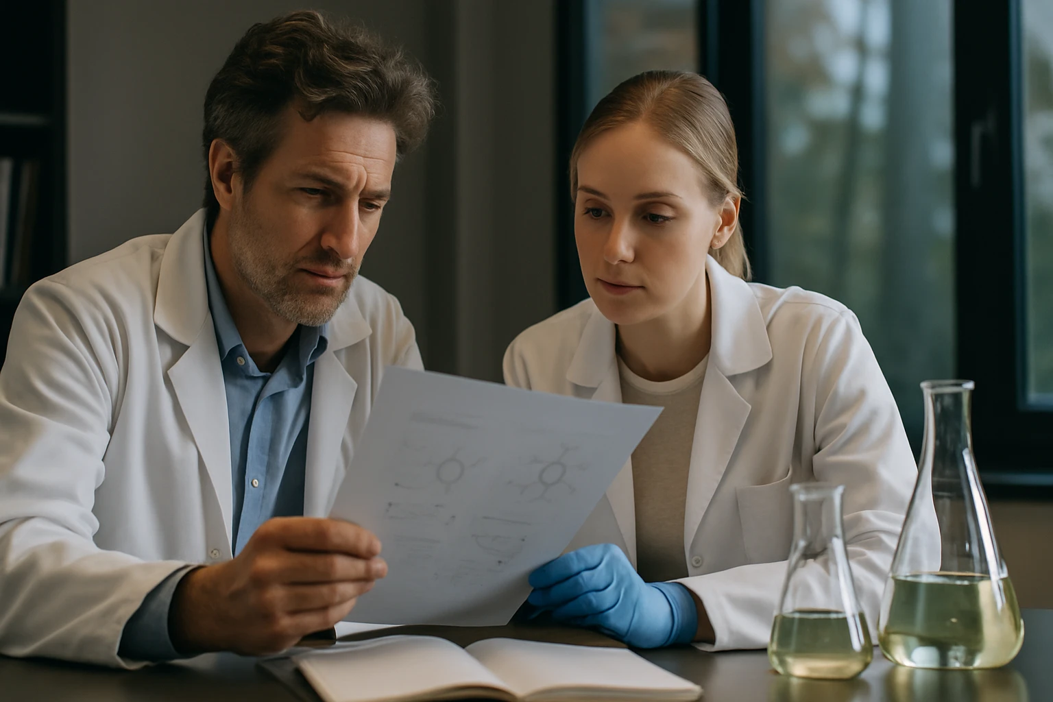 Két tudós laboratóriumban, kémiai diagramokat tanulmányozva, figyelmesen elemzik az adatokat.