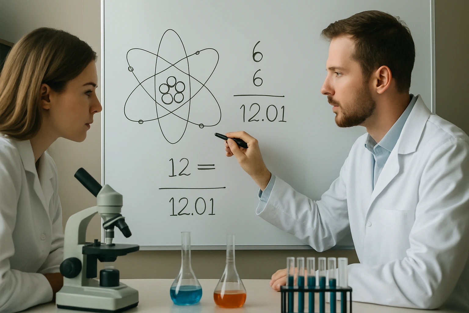 Két tudós egy táblán atommodellt és kémiai egyenleteket magyaráz.