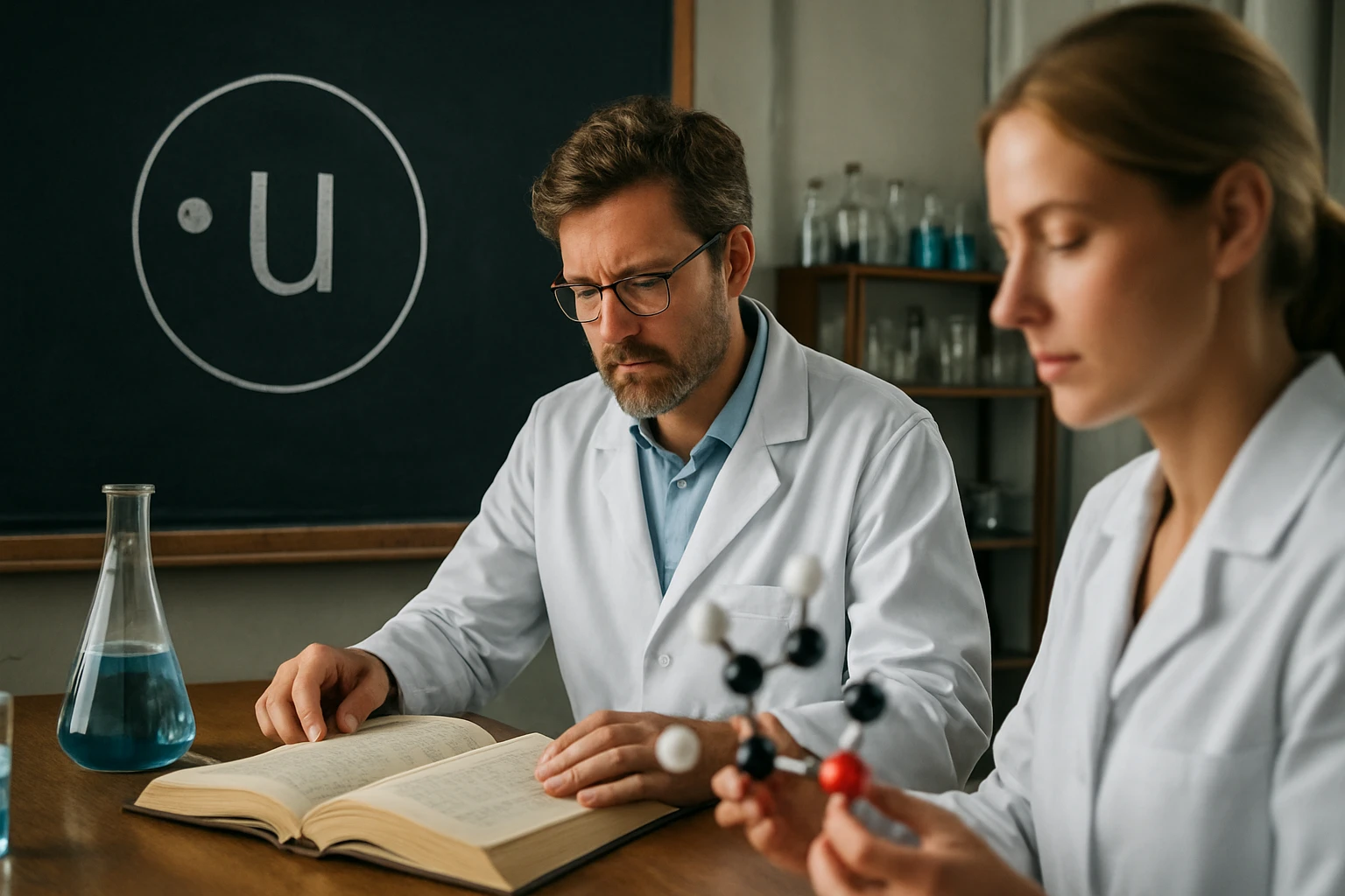 Két tudós laboratóriumi környezetben, molekulamodellekkel és könyvekkel dolgozik.