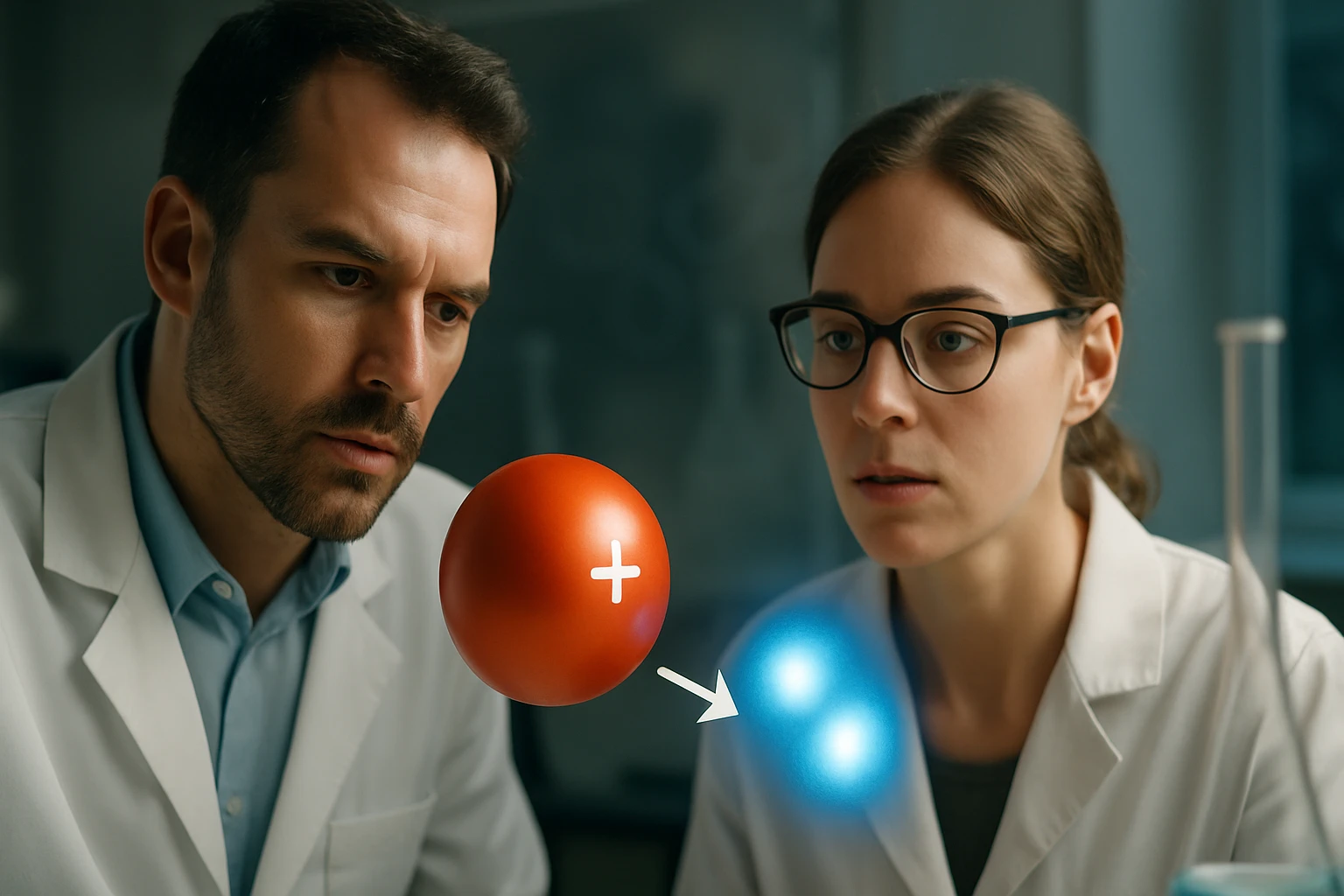 Két tudós figyel egy pozitív töltésű atommodellt, miközben kémiai reakciót vizsgálnak.