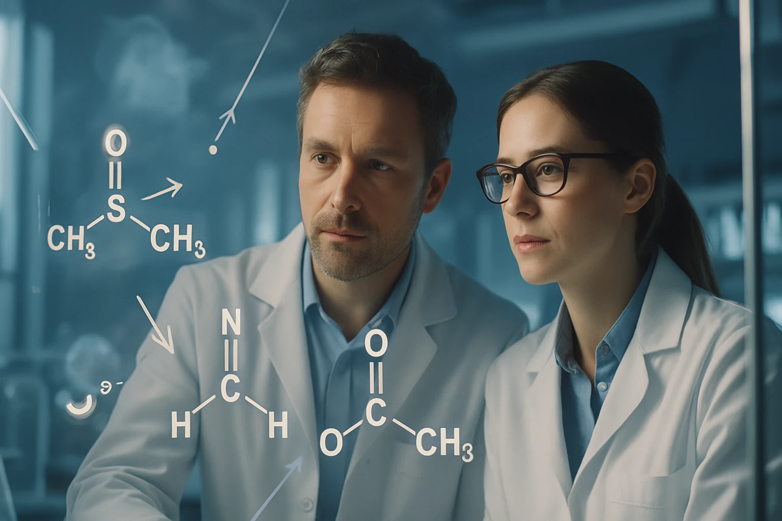 Két tudós laboratóriumi környezetben, kémiai képletek előtt ülve, figyelmesen dolgoznak.