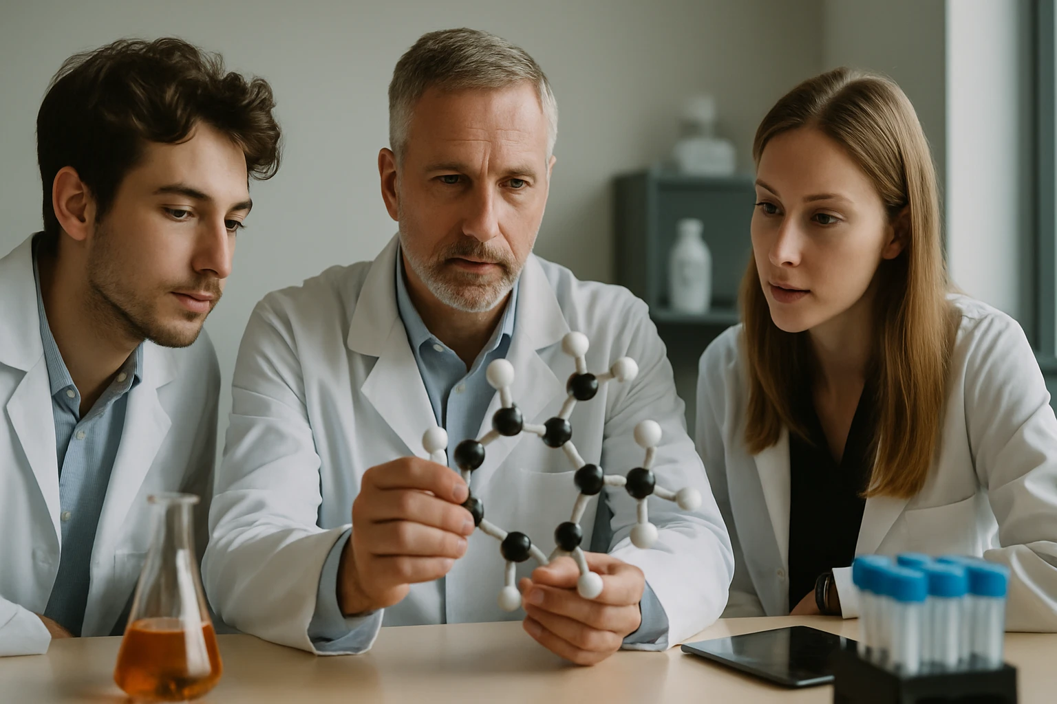 Három tudós egy molekulamodellel dolgozik laboratóriumi környezetben.