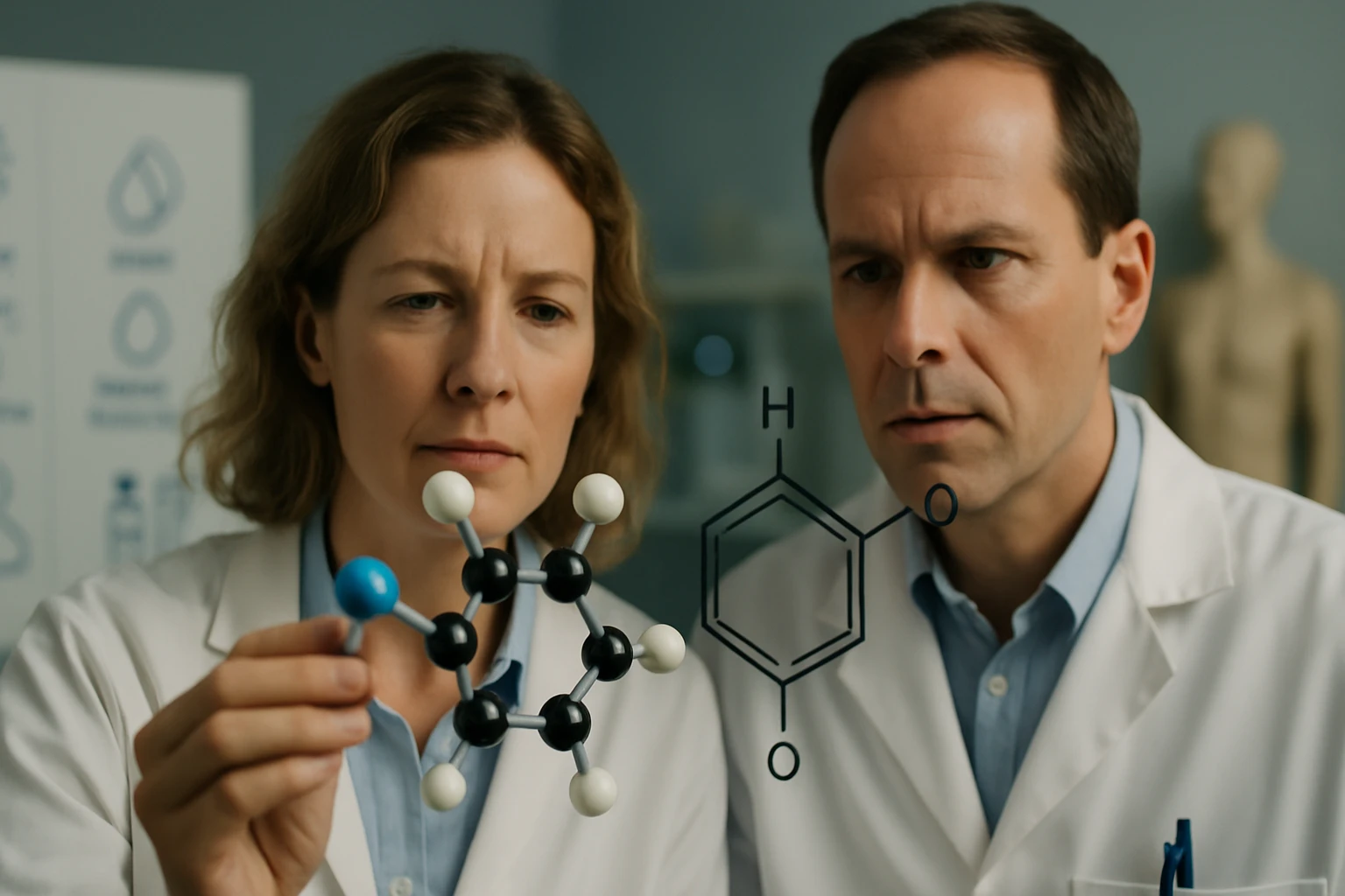 Két tudós egy molekulamodellel dolgozik, figyelmesen elemzik a szerkezetét.