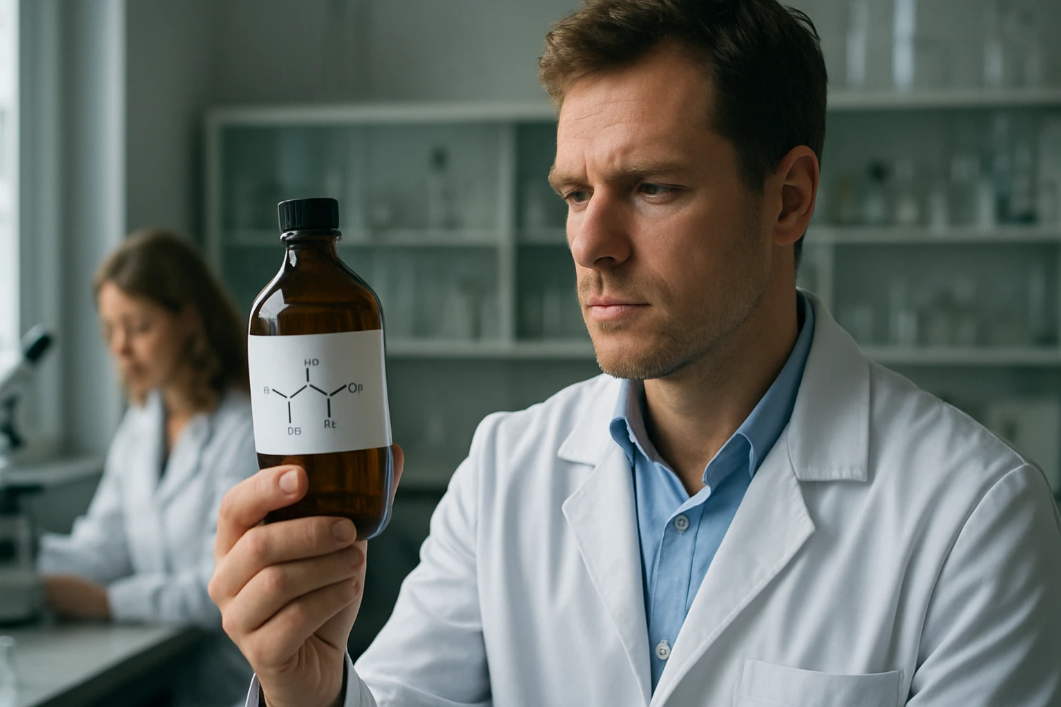 Egy laboratóriumban dolgozó férfi, aki egy vegyi anyagot vizsgál.