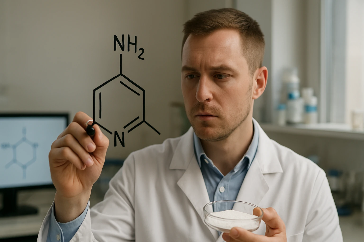 Egy laboratóriumban dolgozó férfi, aki egy vegyület szerkezetét rajzolja.