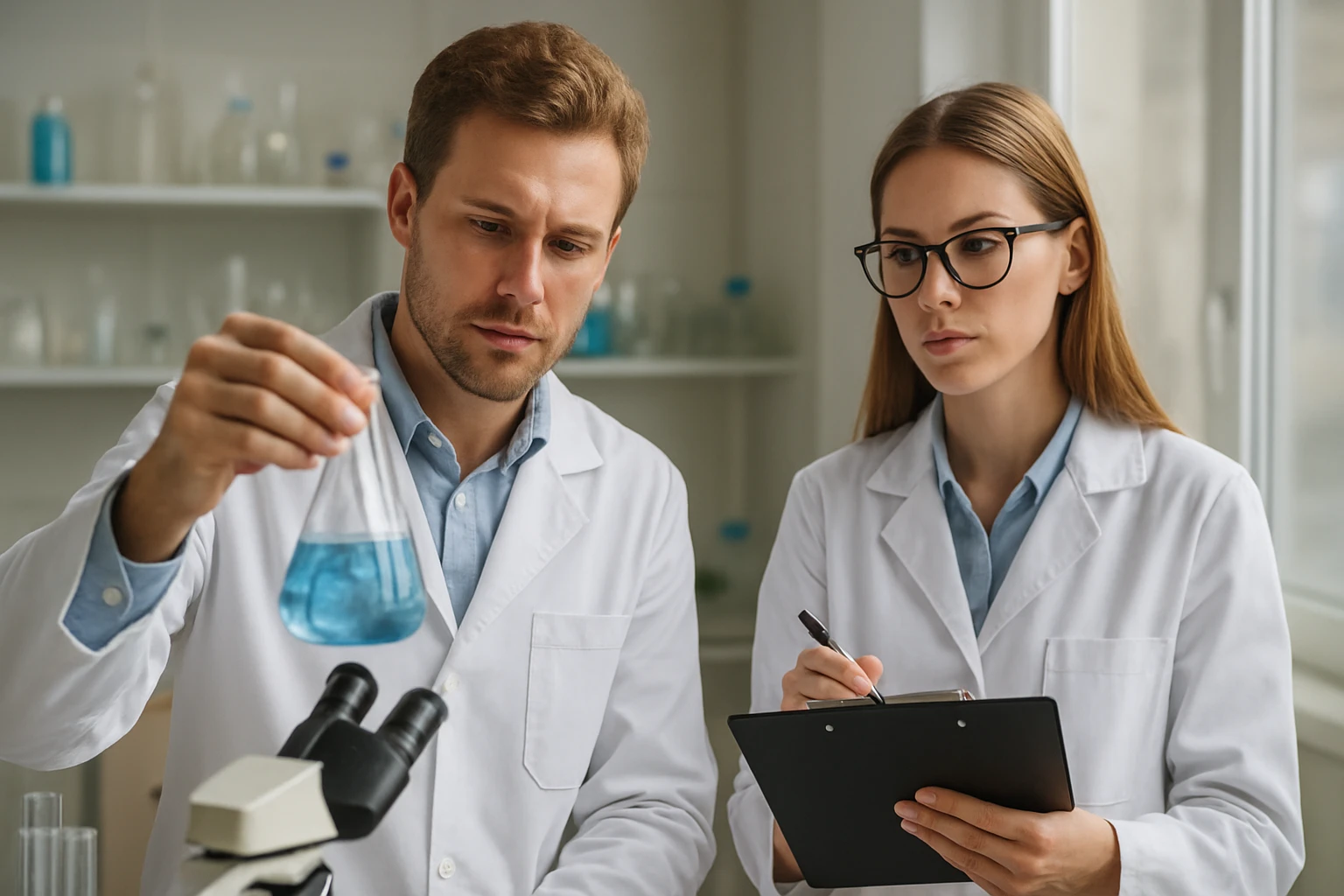 A kinoxalin: Benzopirazin összetétele és tulajdonságai Két kutató laboratóriumban, kémcsővel és jegyzetelés közben.