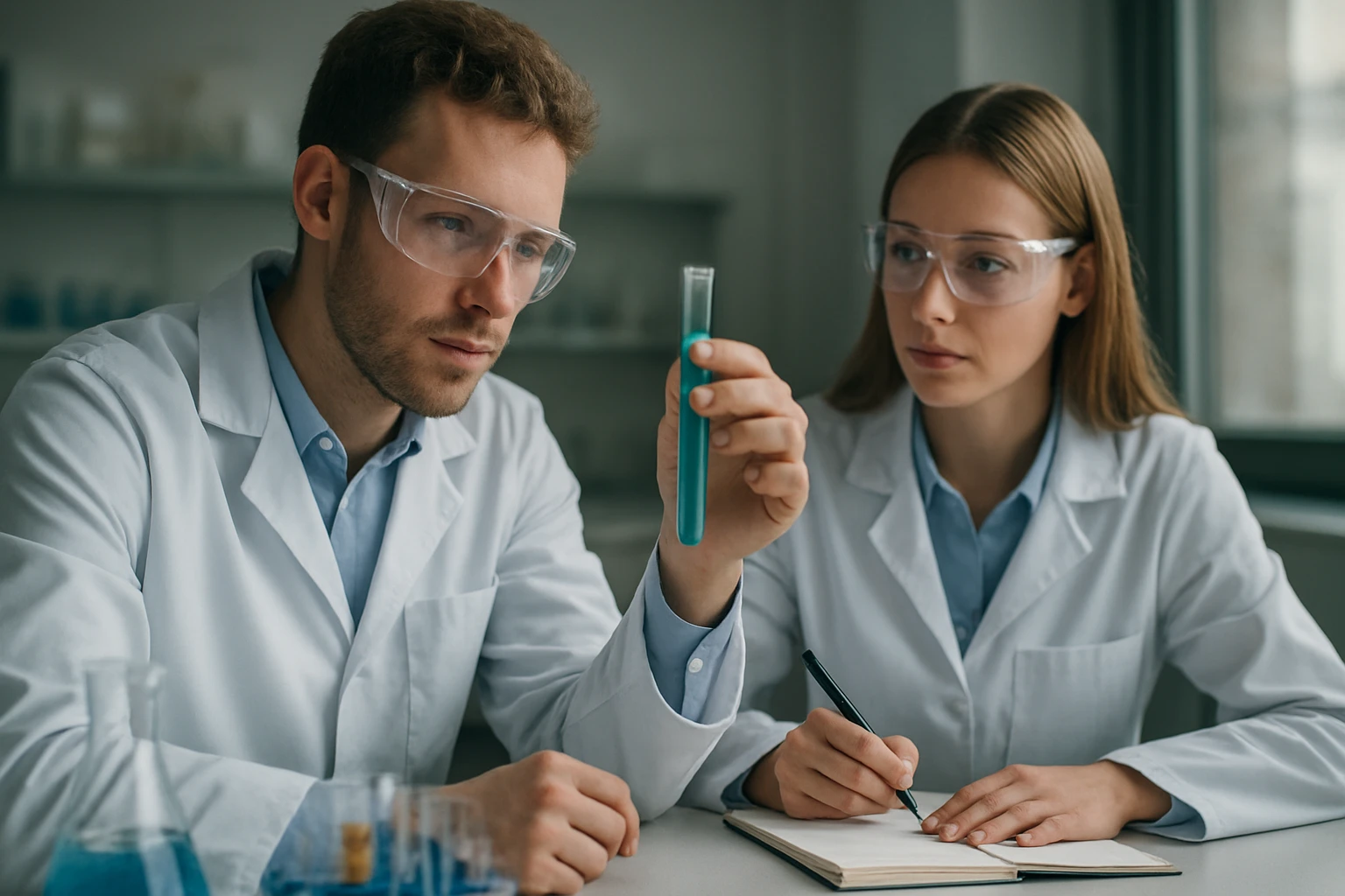 Két kutató laboratóriumban béta-apo-8-karotén kísérletet végez