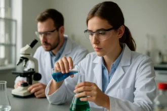 Vegyészek laboratóriumban kémiai kísérleteket végeznek.