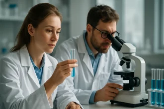 Kutatók laboratóriumban benzol-hexakarbonsav vizsgálata közben.