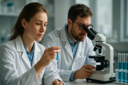 Kutatók laboratóriumban benzol-hexakarbonsav vizsgálata közben.